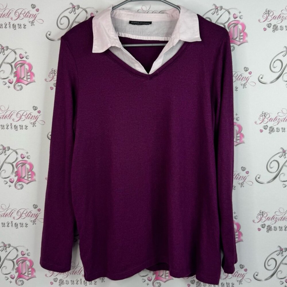 Classic Editions Purple V-Neck Sweater White Collar preppy knit long sleeve